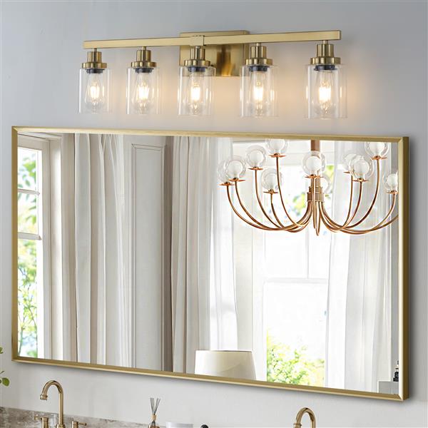 Golden 5-Light Vanity Light with Clear Glass Shades, Modern Iron Metal Bathroom Wall Fixture for Mirror, Ideal for Bathroom and Dressing Table (No Bulbs)