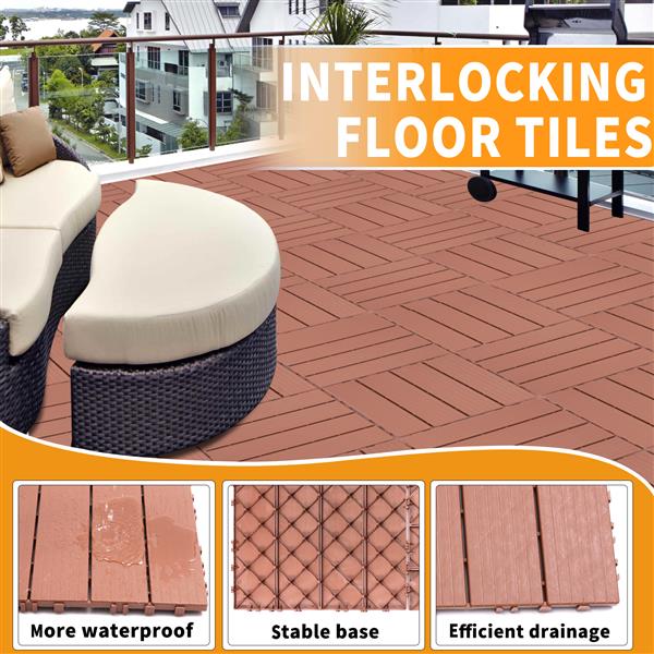 Plastic Interlocking Deck Tiles, 11.8"x11.8"(Pack of 44 ), Patio Flooring Outdoor Waterproof All Weather Use for Garden Poolside Front/Back Yard, Mahogany Colour