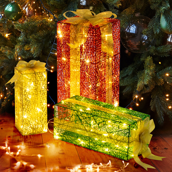 Lighted Gift Boxes Set of 3, Pre-lit Nestable Present Boxes Ornament with 90 LED Warm White Lights and Stakes for Christmas Outdoor Indoor Decorations Lighted Holiday Displays