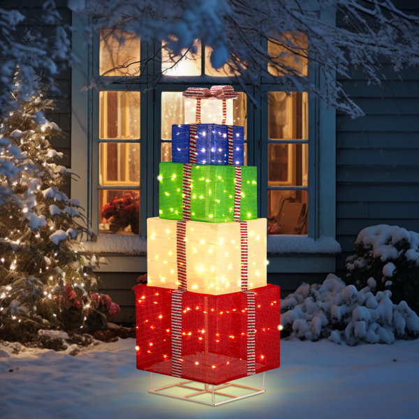 6FT Lighted Gift Box Tower, Pre-lit Pull Up Present Boxes with 200 LED Warm White Lights and Ropes Stakes for Christmas Outdoor Indoor Decorations Lighted Holiday Displays, Multicolor