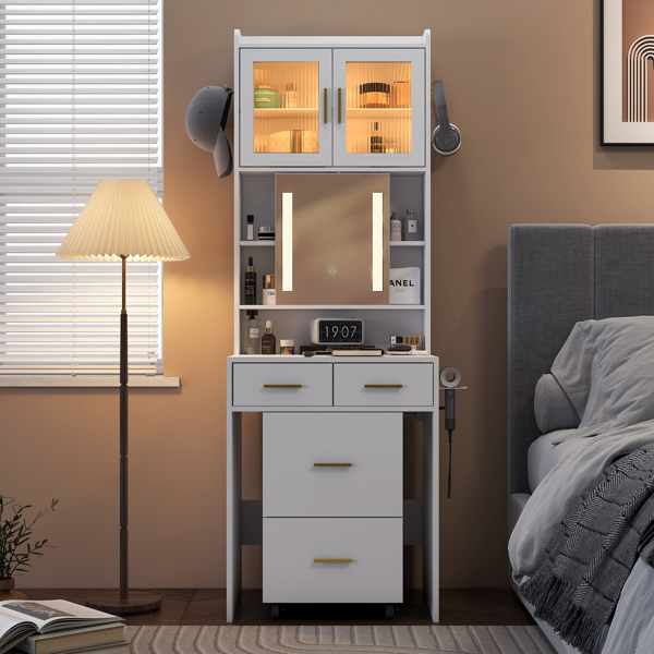 Small Vanity Desk with Sliding Mirror and LED Lights, Makeup Table with Charging Station and Storage Shelves for Small Space, Compact Mini Corner Vanity Set with Hidden Storage Stool for Bedroom