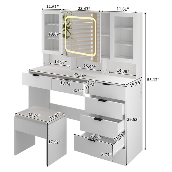 Large Vanity Table Set with LED Lighted Mirror, Vanity Desk with Charging Station, Makeup Table with Glass Doors, Drawers and Storage Shelves, Cushioned Stool for Bedroom, White