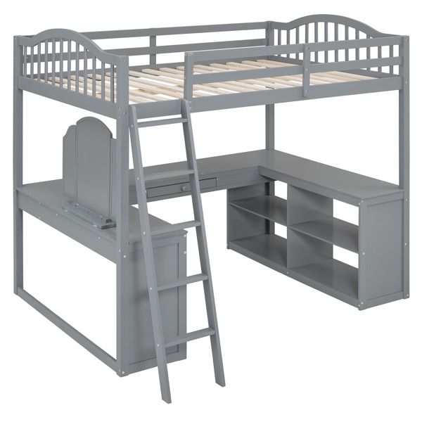 Full Wooden Loft Bed with U-shaped Desk,Storage Compartments and Tri-fold Mirror, Gray 