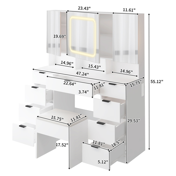 Large Vanity Table Set with 3 Opening Mirrors and LED Lights, Vanity Table with Full Storage Behind Mirror, Makeup Table with Drawers and Storage Shelves, Cushioned Stool for Bedroom, White