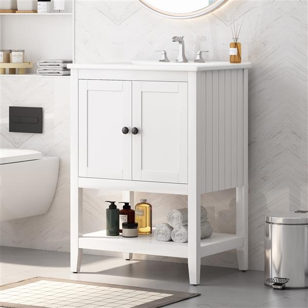 24" White Modern Sleek Bathroom Vanity Elegant Ceramic Sink with Solid Wood Frame Open Style Shelf