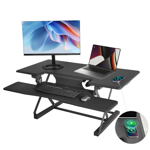 Höhenverstellbarer Schreibtisch für Computer, höhenverstellbarer Schreibtisch mit Tastaturablage, Verstellbarer Schreibtisch mit Ladefunktion (USB & Type-C & kabelloses Laden), Grau (117 x 59 cm)