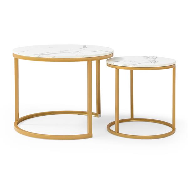 Set 2 Coffee Table Nesting White and gray top  Golden Frame Circular Round and Marble Pattern Wooden Tables, Living Room Bedroom Apartment Modern Industrial Simple Nightstand