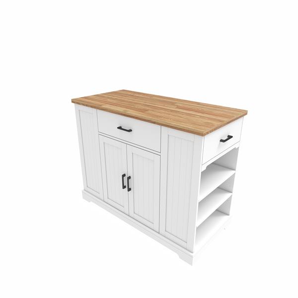 46'' Multi-Storage Rolling Kitchen Island with Rubber Wood Tabletop, Large Farmhouse Kitchen Cart with Adjustable Shelves and Drawers, Movable Dinning Table Bar with Storage Cabinet for Kitchen