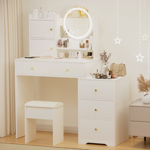 Fashion Vanity Desk with Mirror and Lights for Makeup and Cushioned Chair, Vanity Mirror with Lights and Table Set with 3 Color Lighting Brightness Adjustable,Dressing table, White Color 