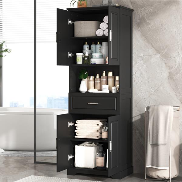 Tall Bathroom Cabinet with Four Doors, Large Storage Space Open Shelve, Upper Storage Cabinet, Black