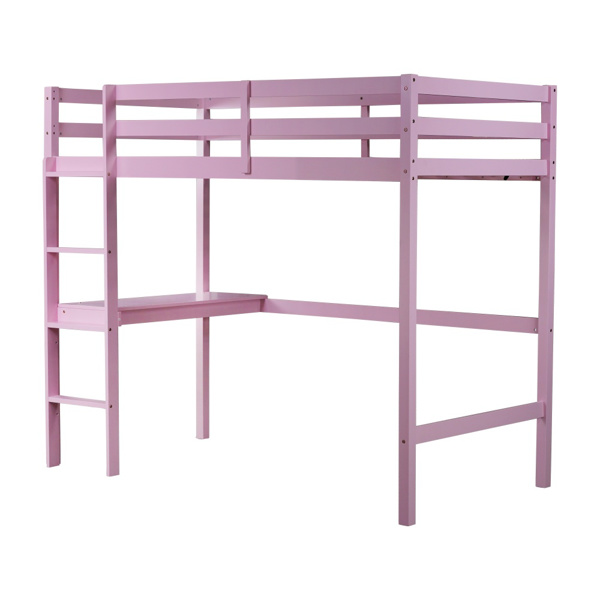 Twin High Loft Bed, Rubber Wood Loft Bed with Safety Guardrail, built-in desk, ladder,Pink 