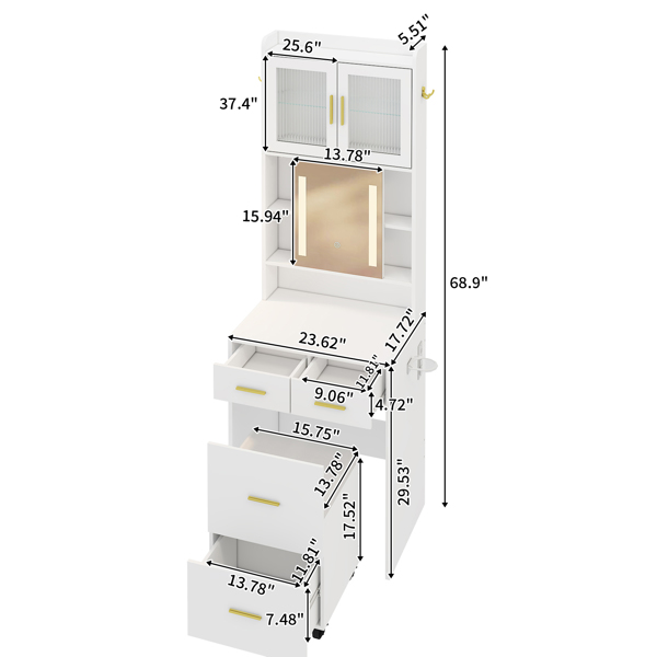 Small Vanity Desk with Sliding Mirror and LED Lights, Makeup Table with Charging Station and Storage Shelves for Small Space, Compact Mini Corner Vanity Set with Hidden Storage Stool for Bedroom