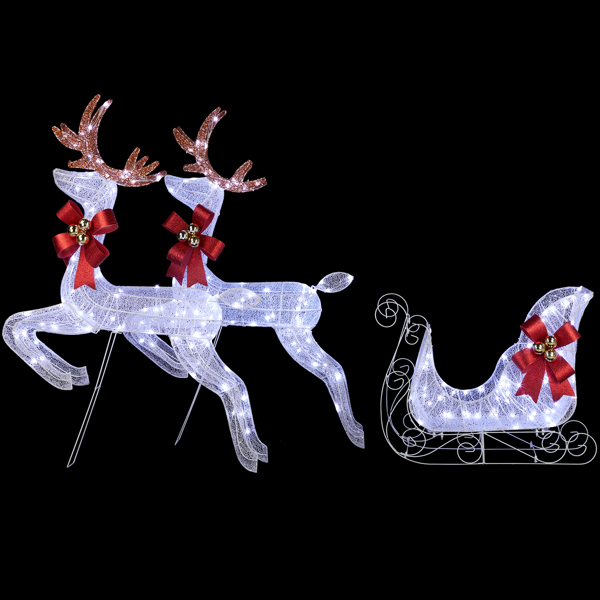 3-Piece Lighted Set of 2 Reindeer & Sleigh, Weather Proof Christmas Outdoor Decorations with Pre-lit 270 LED White Lights and Stakes for Xmas Outdoor Holiday Indoor Decor Lighted Holiday Displays, Whi