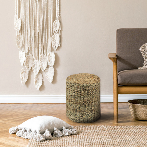 Ottoman Poof, Natural Seagrass Poufs, Hand Weave Round Footstool, Pouffe Accent Chair, Sitting Braided Footrest W/Jute Cover, Home Decorative Seat, Boho Chair for Living Room, Bedroom