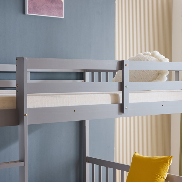 Full Size Bunk Bed with Trundle Bed, with Ladder and Safety Rails Pinewood Bunk Bed Gray