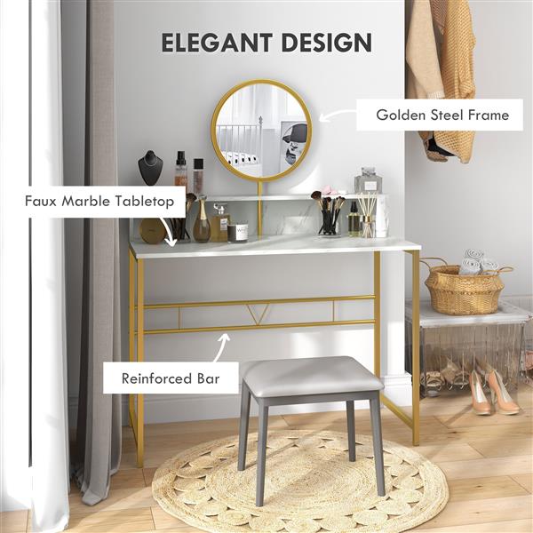 Modern Vanity Makeup Desk with Mirror, Dressing Table with Open Storage, Faux Marble Finish and Steel Frame for Bedroom, White and Gold