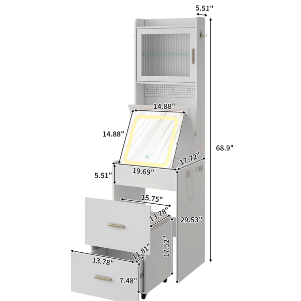 Small Vanity Desk with Mirror and LED Lights, Makeup Table with Charging Station and Storage Shelves for Small Space, Compact Mini Corner Vanity Set with Hidden Storage Stool for Bedroom, White
