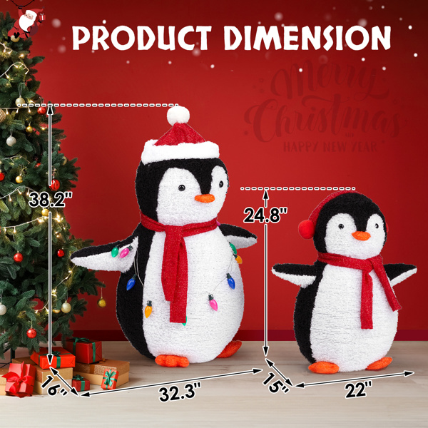 2-Piece Lighted Plush Penguins Christmas Yard Decorations, Set of 2 Pre-lit Pull Up Penguins with 150 Warm White LEDs, Multi-color Light String and Stakes for Xmas Outdoor Holiday Indoor Decor