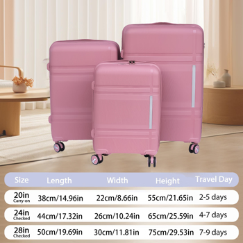 3 Piece Luggage Sets PP Lightweight Suitcase with Two Hooks, Spinner Wheels, (20/24/28) 2307  pink