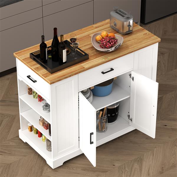 46'' Multi-Storage Rolling Kitchen Island with Rubber Wood Tabletop, Large Farmhouse Kitchen Cart with Adjustable Shelves and Drawers, Movable Dinning Table Bar with Storage Cabinet for Kitchen