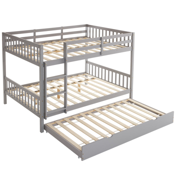 Full Size Bunk Bed with Trundle Bed, with Ladder and Safety Rails Pinewood Bunk Bed Gray