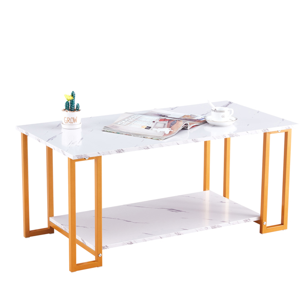  Coffee Table, 2 Layers 1.5cm Thick Marble MDF Rectangle 39.37" L Tabletop Iron Coffee Table , Dining Room, Coffee Shop, Resterant, White Top, Gold Leg 