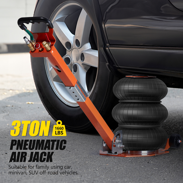  Air Jack, 3 Ton/6600 lbs Triple Bag Air Jack, Air Bag Jack Lift Up to 15.75 Inch, 3-5S Fast Lifting Air Bag Jack for Cars with Adjustable Long Handle