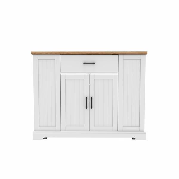 46'' Multi-Storage Rolling Kitchen Island with Rubber Wood Tabletop, Large Farmhouse Kitchen Cart with Adjustable Shelves and Drawers, Movable Dinning Table Bar with Storage Cabinet for Kitchen