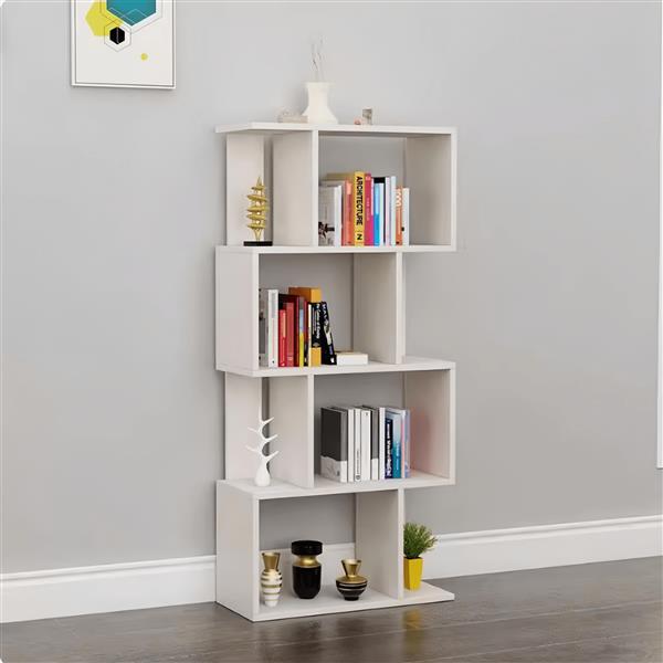 4 Tier Storage Shelf S Shaped Bookcase, Multifunctional Wooden Display Decor Furniture, Free Standing Industrial Storage Rack for Living Room Bedroom Office, Modern 4 Shelf Bookcase (1 White)