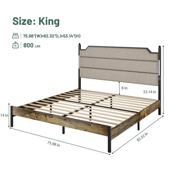 King Size Bed Frame with Upholstered Headboard , Queen Bed Frame with Charging Station and LED Lights, Wood Slats, Easy Assembly,No Box Spring Needed,Industrial Brown