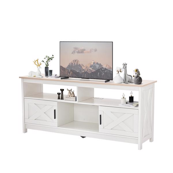 Fernsehkommode, TV Schrank für 65 Zoll, TV Sideboard mit Steckdosen, TV Board mit Ablageschränken & offenem Regal, Landhausstil Fernsehtisch für Wohnzimmer,150x40x65 cm (Natürlich)