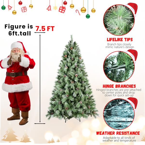 7.5FT Scotch Pine Christmas Tree, Premium Frosted Pre-Decorated Artificial Holiday Decor w/ 1,588 Branch Tips, Xmas Trees for Holiday Party Decoration