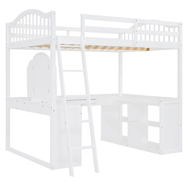 Full Wooden Loft Bed with U-shaped Desk,Storage Compartments and Tri-fold Mirror, White 