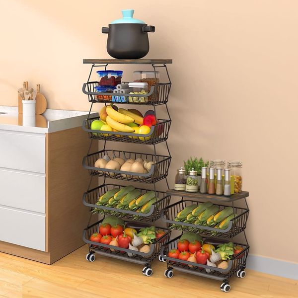 6-Tier Fruit Basket Rack, Stackable Wire Basket Cart with Solid Wood Top, Kitchen Vegetable Storage&Organization