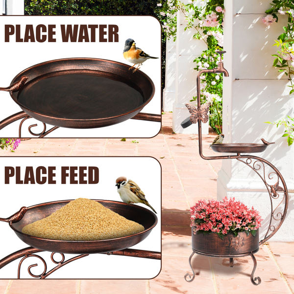 36 inch Bird Baths for Outdoors, Vintage Metal Garden Bird Bath with Solar Lamp and Flower Planter Pedestal Standing Bird Feeder, Bronze