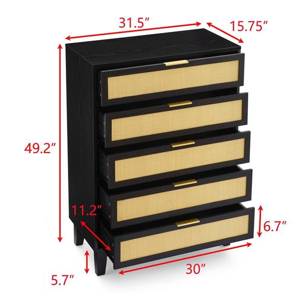 Bedroom 5 drawer dresser, rattan dresser modern wooden chest of drawers with spacious storage space for bedroom hallway living room