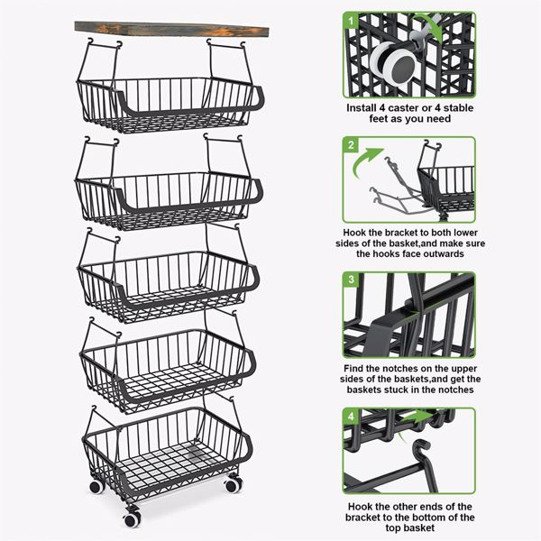 6-Tier Fruit Basket Rack, Stackable Wire Basket Cart with Solid Wood Top, Kitchen Vegetable Storage&Organization