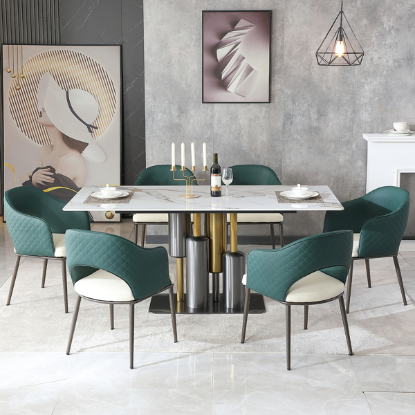 Modern 7PCS Dining Table Set, White Dining Table Sintered Stone Dining Table Top with stainless steel base, 71 inch Modern Luxury White Rectangular Dining Table (1table+6chairs)-LTL Item