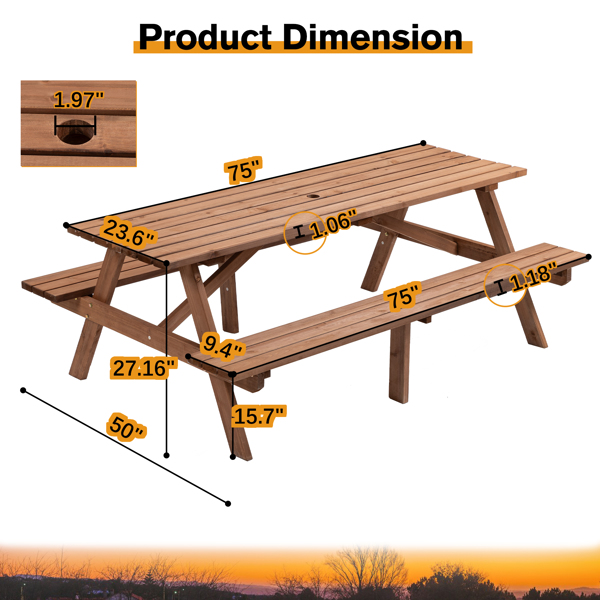 8-Person Rectangle Wooden Picnic Table, Outdoor Camping Dining Table with 2 Seats, Garden, DIY w/2 Built-in Benches, 2220lb Capacity, Brown 