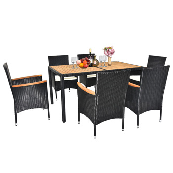 7 Piece Patio Dining Set, Outdoor Patio Conversation Set with Acacia Wood Table Top and Rattan Chairs and Soft Seat Cushions for Deck Backyard Garden, Black