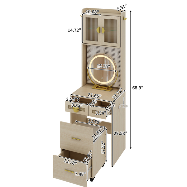 Small Vanity Desk with Mirror and LED Lights, Makeup Table with Charging Station and drawers and Storage Shelves for Small Space, Compact Mini Corner Vanity Set with Hidden Storage Stool for Bedroom