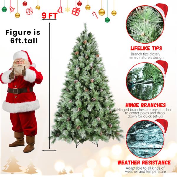 9FT Scotch Pine Christmas Tree, Premium Frosted Pre-Decorated Artificial Holiday Decor w/ 2,518 Branch Tips, Xmas Trees for Holiday Party Decoration