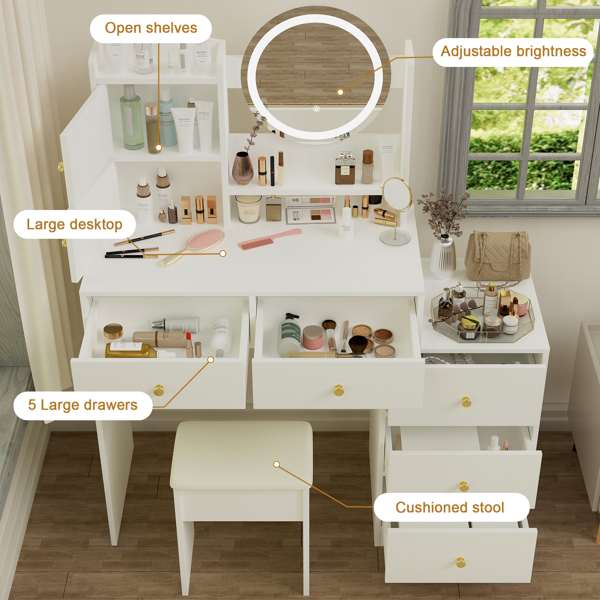 Fashion Vanity Desk with Mirror and Lights for Makeup and Cushioned Chair, Vanity Mirror with Lights and Table Set with 3 Color Lighting Brightness Adjustable,Dressing table, White Color 