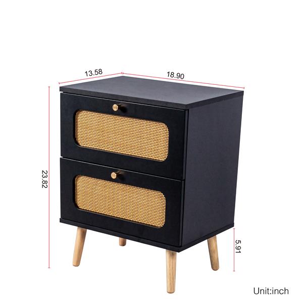 2-drawer Rattan Nightstand for Bedroom and Living Room, End Table, Side Table with 2 Hand Made Rattan Decorated Drawers