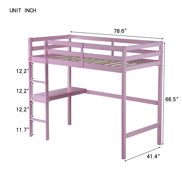 Twin High Loft Bed, Rubber Wood Loft Bed with Safety Guardrail, built-in desk, ladder,Pink 