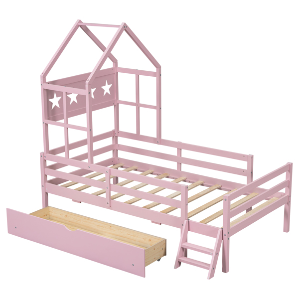 Wood Twin Size House Platform Bed with Guardrail and Drawer, Pink