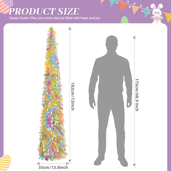 Easter Tree Decorations, 6 FT Artificial Pop Up Easter Pencil Tree with Colorful Eggs Sequins for Easter Spring Party Home Fireplace Decor