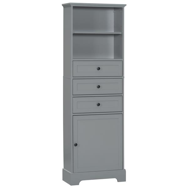 Gray Tall Storage Cabinet with 3 Drawers and Adjustable Shelves for Bathroom, Study, Office and Interior, MDF Board with Painted Finish