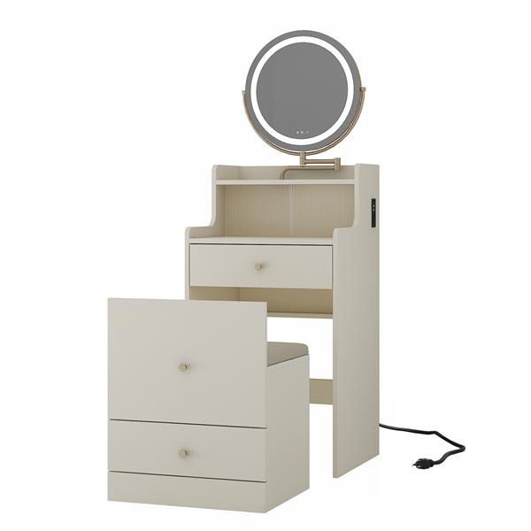 3 in 1 Vanity Desk With mirror and light ,Small makeup vanity set with charging station, With 2 drawers and open storage space, with upholstered stool, Compact Dressing Table Writing Desk for Small Sp