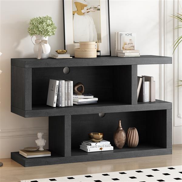 Retro Console Table with Symmetrical 2-Tier Open Shelf for Entryway and Living Room (Black)